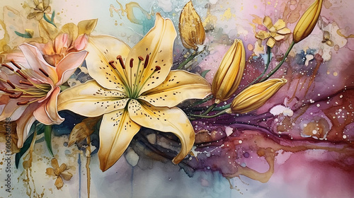 Floral watercolor alcohol golden ink with lily flower. 
