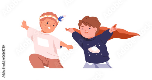Funny kids playing Indians. Happy joyful little children running, having fun. Preschool boys friends, toddlers during game, activity, amusement. Flat vector illustration isolated on white background