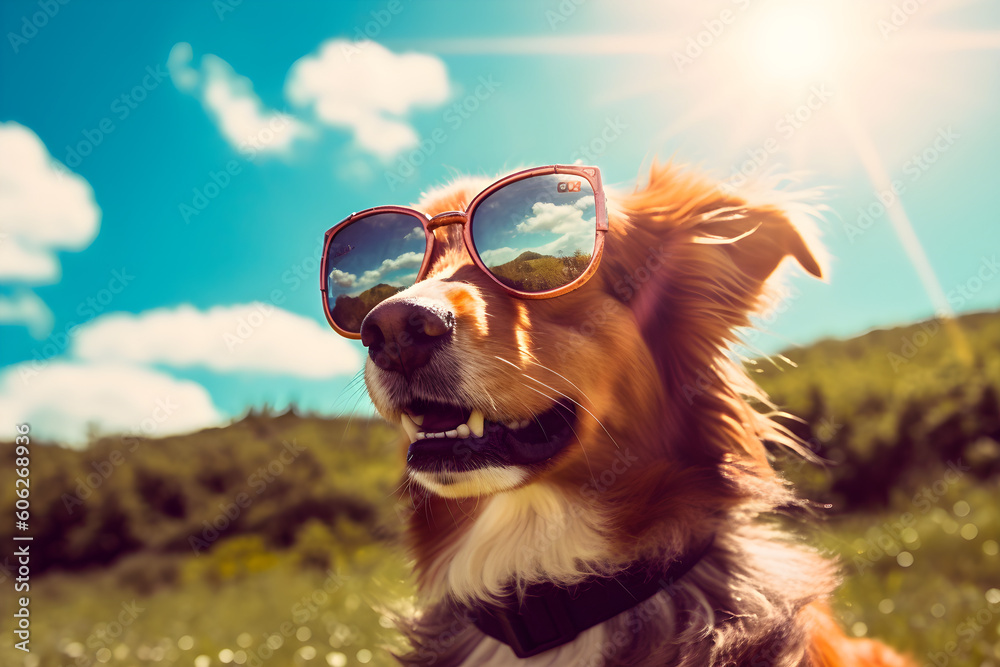dog wearing sunglasses outdoors on a sunny day