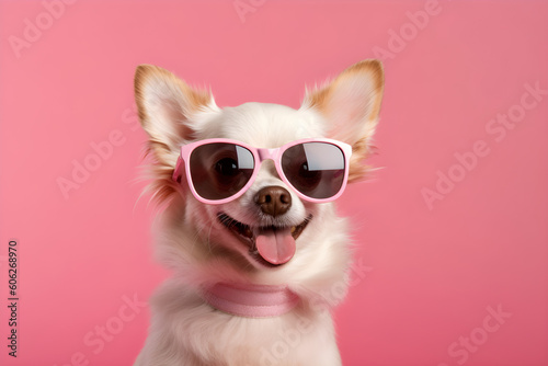 Cute dog wearing sunglasses pink studio shot portrait photo