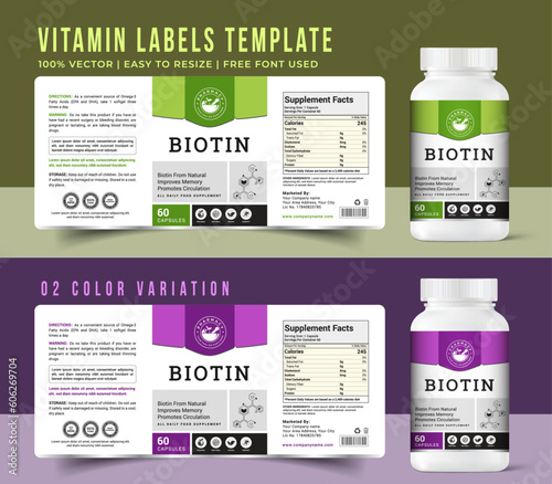 Multi vitamin label design bottle jar, multivitamin bio food supplement banner packaging sticker label biotin health product, print ready graphic art vector quality mock up new file.
