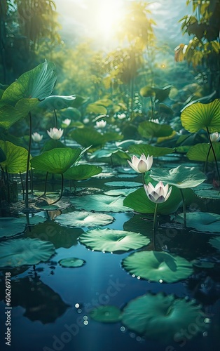 Beautiful white lotus flower in the lake and lotus flower plants  pure white lotus flower. Generative Ai.