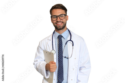 Handsome friendly young doctor looking at camera, smiling on a transparent background photo