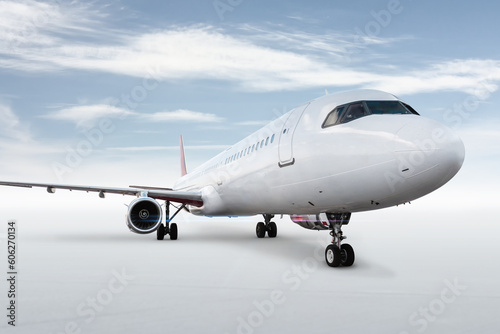Close-up of passenger aircraft isolated on bright background with sky