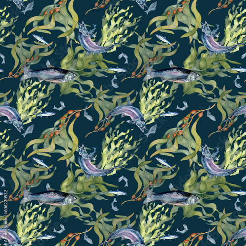 Seamless pattern of salmon and sea plants watercolor isolated on black. Wild fish, seaweed, laminaria hand drawn. Design element for textile, packaging, paper, wrapping, background, fish market © Katyalanbina@gmail 