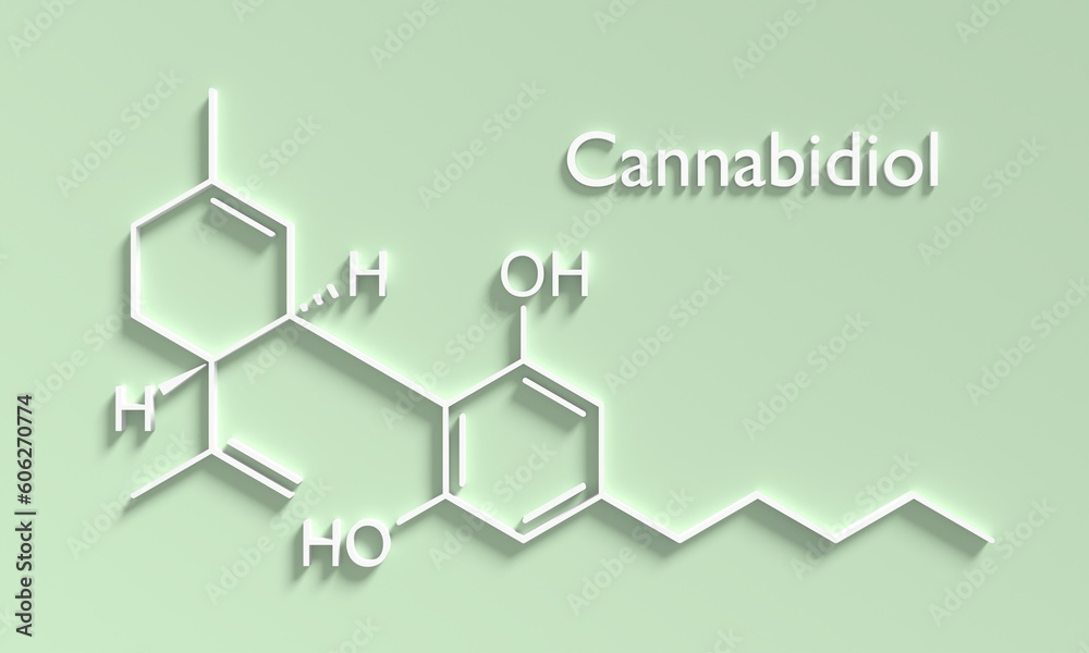 Cannabidiol or CBD molecular structural chemical formula. Futuristic science backdrop. Pharmacology concept. 3D render