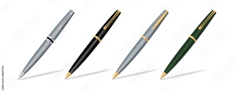 Ballpen set vector design. Ballpen 3d realistic elements in metallic ballpoint pen for offices, schools, business. Vector illustration writing pen collection.