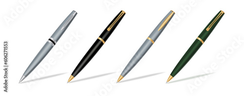 Ballpen set vector design. Ballpen 3d realistic elements in metallic ballpoint pen for offices, schools, business. Vector illustration writing pen collection.