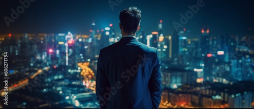 Young and successful businessman looks at the city's night skyline, full of ambition and determination. Generative AI