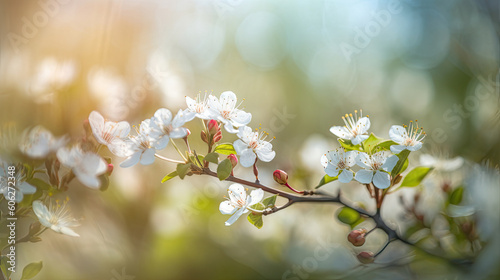 Blossoming branch of cherry in spring time. Nature background.