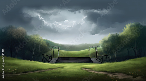 Wooden stage in the park on a background of a dark stormy sky