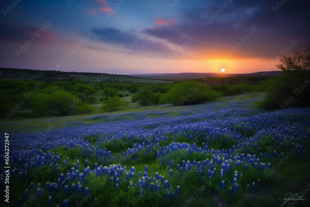 Dusk in the Texas Hill Country with bluebonnets