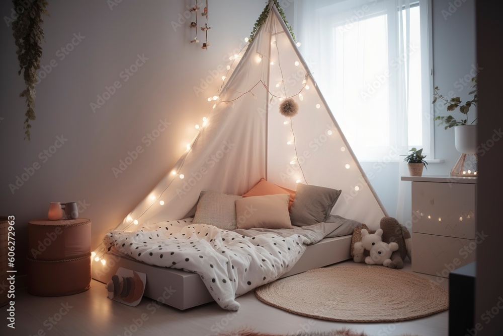 Kids bedroom in dark colors. Cozy kids room interior, scandinavian nordic  design with light garlands and soft pillows, tent canopy bed. Children room  in evening with lights on. AI generated image. Stock