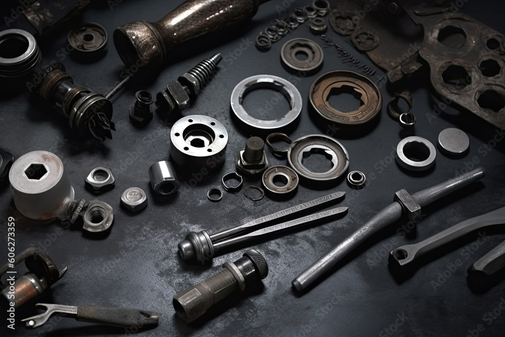 Set of tools and instruments on a black background. Top view Set of tools and instruments on a black background. Top view