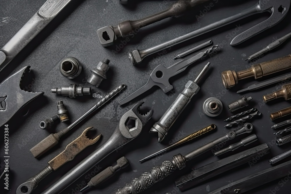Set of tools and instruments on a black background. Top view Set of tools and instruments on a black background. Top view