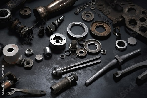 Set of tools and instruments on a black background. Top view