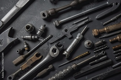 Set of tools and instruments on a black background. Top view