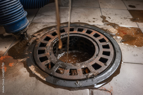 Drain cleaning  Clogged and dirty sewer pipes floor drain  Full of hair and accumulated clogged grease  Maintenance the floor drain sewage system in bathroom  fixing clean wash and unclog a drain