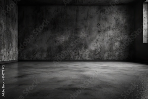 Dark black and gray abstract cement wall and interior textured studio room for product display. Wall background 