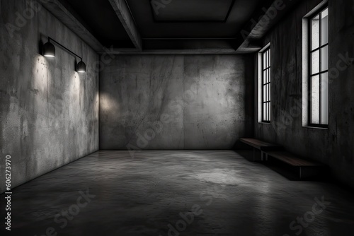 Dark black and gray abstract cement wall and interior textured studio room for product display. Wall background	