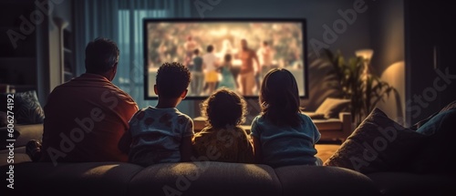Family sitting together in a cozy living room, watching television and enjoying quality time together. Generative AI
