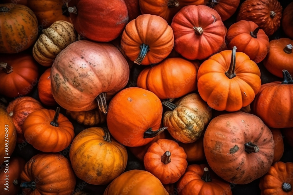 Holiday season background of orange colors pile of Autumn harvest pumpkins for Halloween and Thanksgiving background