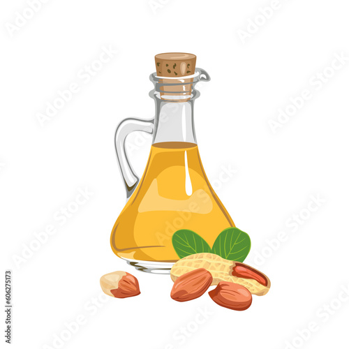 Peanut oil in glass bottle and heap of nuts isolated on white. Vector cartoon food illustration.