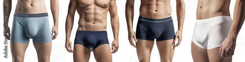 four men wearing different men's underpants in different colors on a transparent background, Generative AI