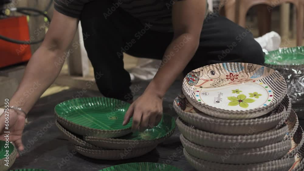 disposable paper plate factory Indian barefoot worker quality control checking inspection  of production 
