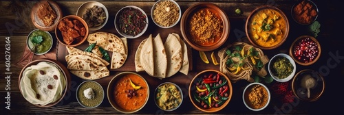 Top view of a colorful assortment of Indian food beautifully arranged on a table. The rich flavors and vibrant culinary culture of India. Generative AI