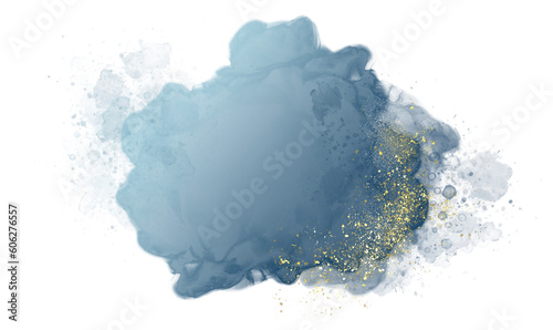 Pastel sky or blue watercolor brush stroke splash with luxury golden frame and glitter gold lines round contour frame for banner or logo wedding elements	
