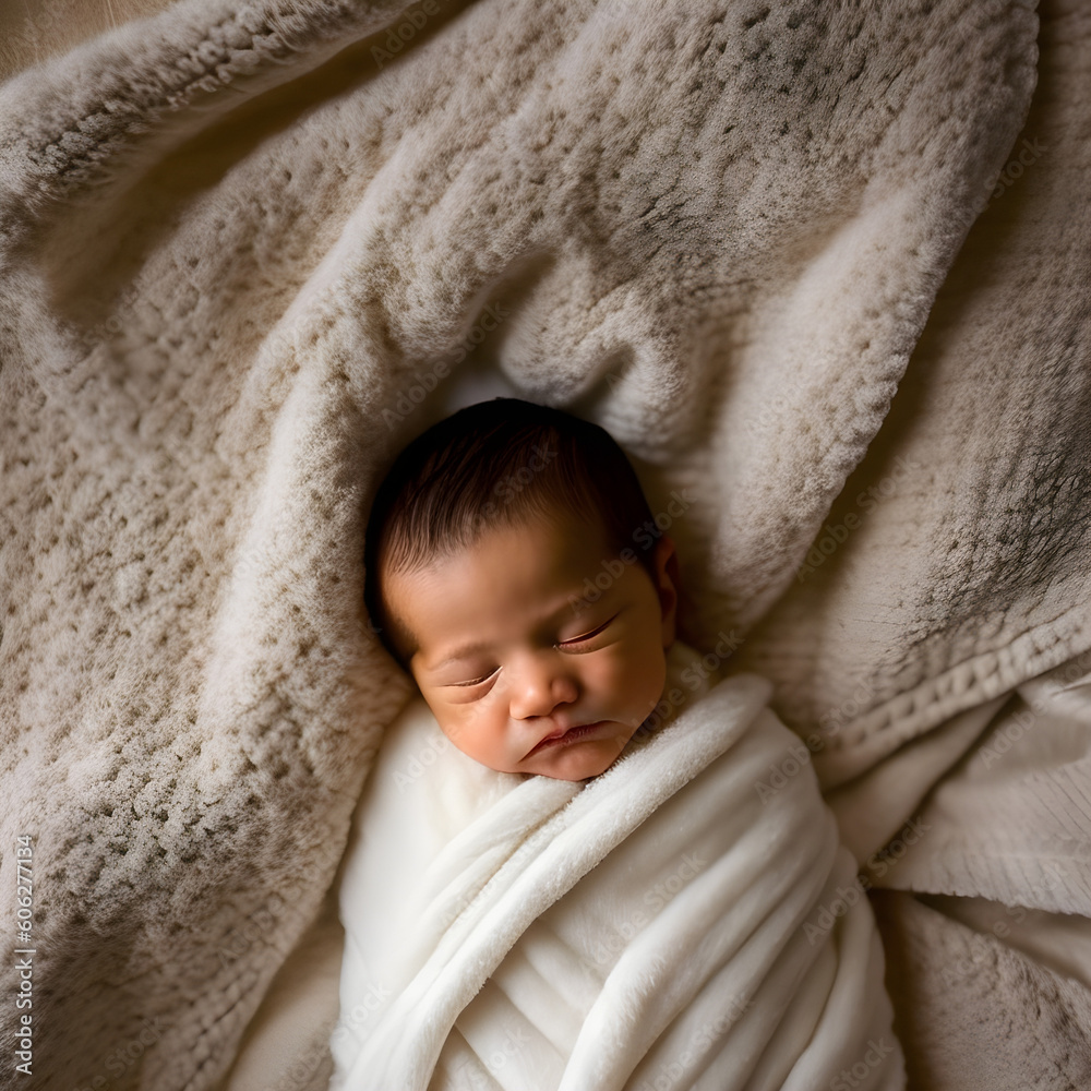 a beautiful sleeping baby on a soft blanket. (AI-generated fictional illustration)
a beautiful sleeping baby on a soft blanket. (AI-generated fictional illustration)