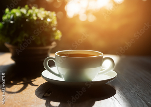 cup of coffee on the wooden table with plants and natural sunlight 