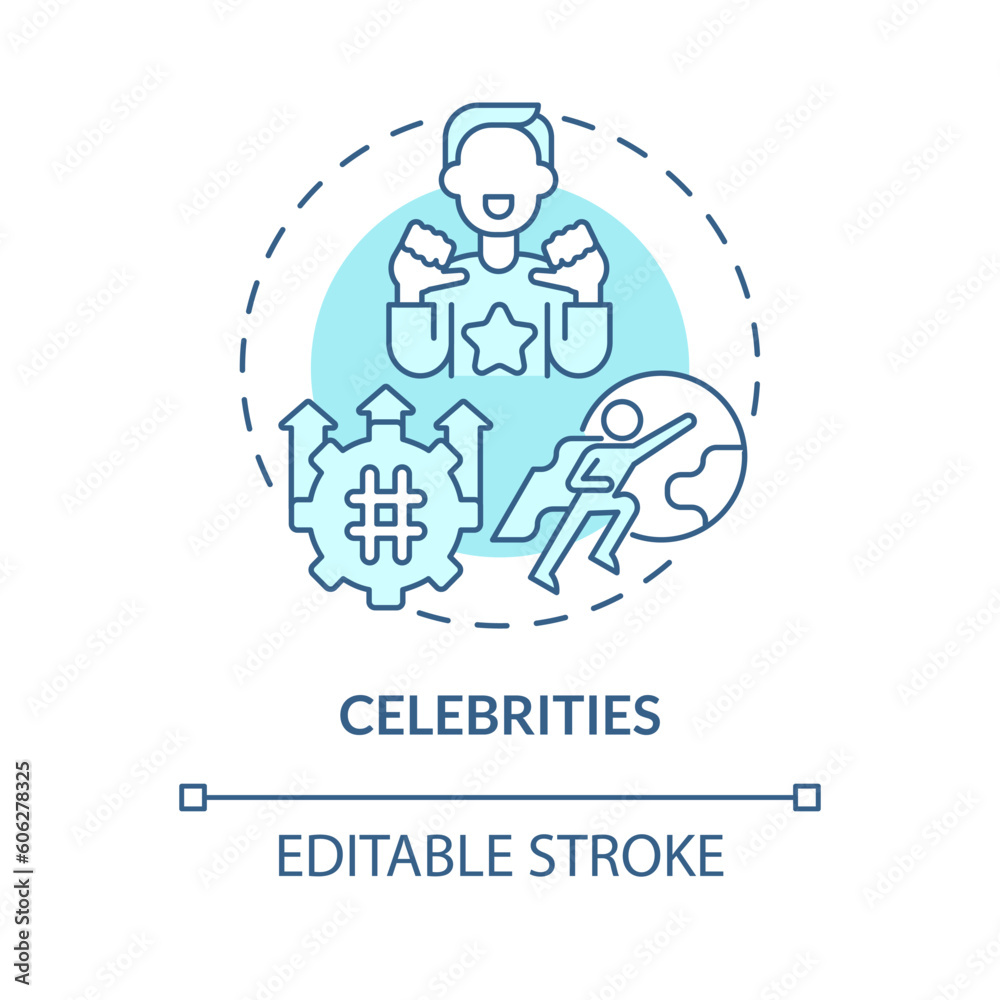 Celebrities turquoise concept icon. Famous people. Trend setter. Public relation. Opinion leader. Brand promotion abstract idea thin line illustration. Isolated outline drawing. Editable stroke