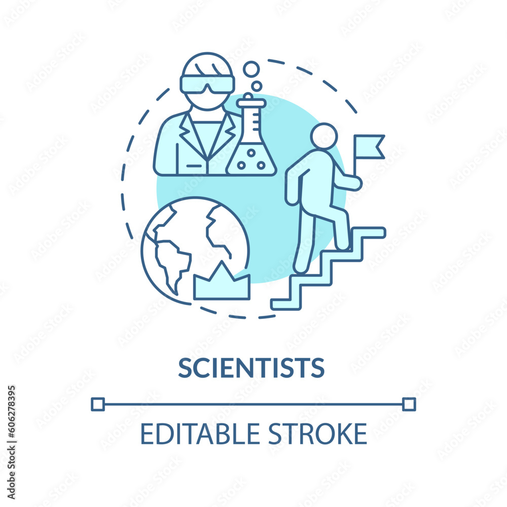 Scientists turquoise concept icon. New technology. Industry development. Paradigm shift. Science researcher abstract idea thin line illustration. Isolated outline drawing. Editable stroke