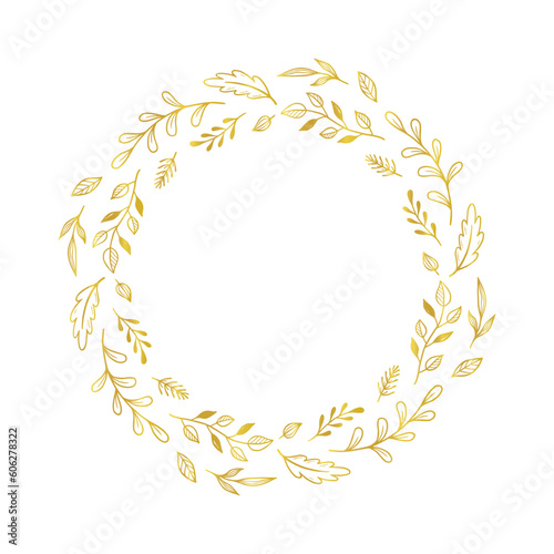 Gold floral circle frame. Vector golden floral leaf wreath border. Wedding round frame design. Hand drawn rustic flourish elegant circle border. Vector illustration.