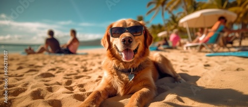 The dog enjoys a summer vacation at a seaside resort, resting on a sunny beach. Generative AI © ColdFire