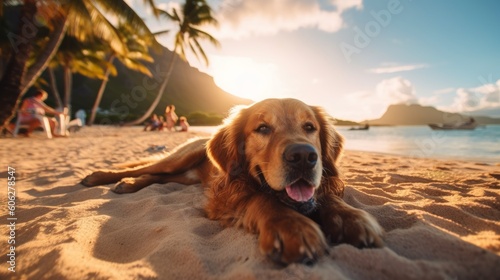 The dog enjoys a summer vacation at a seaside resort, resting on a sunny beach. Generative AI