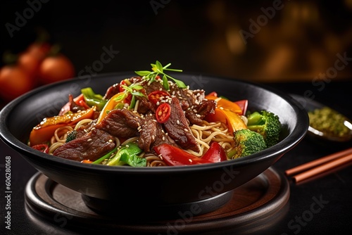 Fried Noodles with Vegetables and Beef Pieces © twilight mist