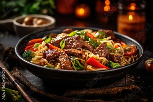 Fried Noodles with Vegetables and Beef Pieces