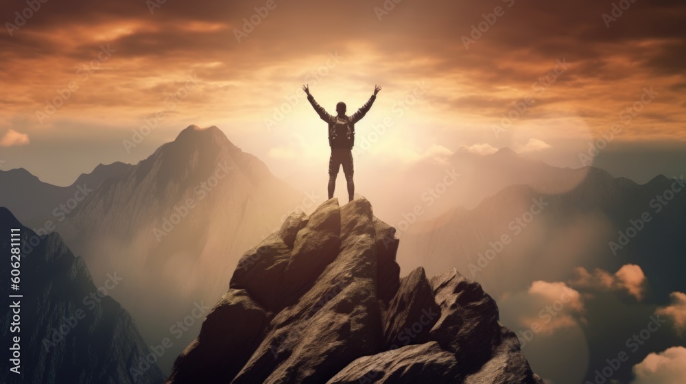 Compose an image that encapsulates the sense of triumph and accomplishment experienced by a hiker reaching the summit of a towering mountain peak. Generative AI