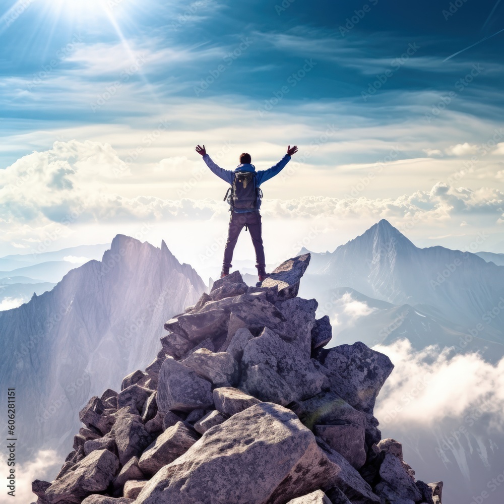 Compose an image that encapsulates the sense of triumph and accomplishment experienced by a hiker reaching the summit of a towering mountain peak. Generative AI Compose an image that encapsulates the sense of triumph and accomplishment experienced by a hiker reaching the summit of a towering mountain peak. Generative AI