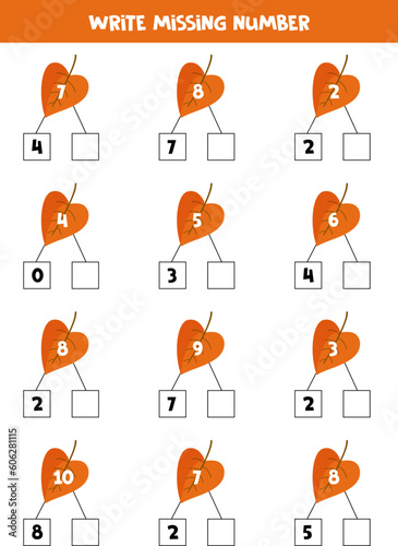Number bonds with cute cartoon autumn leaf for kids.