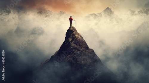 Compose an image that encapsulates the sense of triumph and accomplishment experienced by a hiker reaching the summit of a towering mountain peak. Generative AI