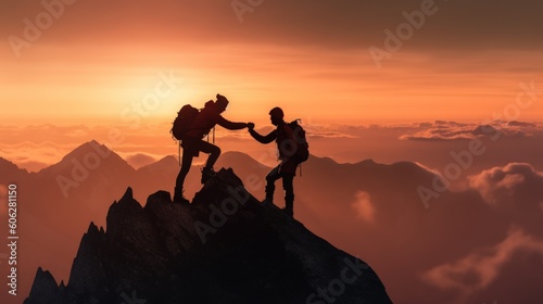 Compose an image that encapsulates the sense of triumph and accomplishment experienced by a hiker reaching the summit of a towering mountain peak. Generative AI © Matyfiz