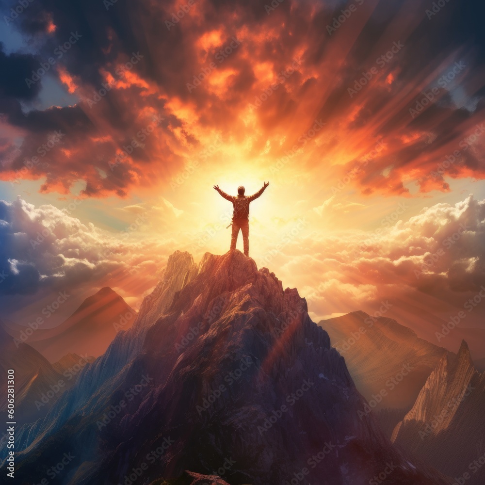 Compose an image that encapsulates the sense of triumph and accomplishment experienced by a hiker reaching the summit of a towering mountain peak. Generative AI Compose an image that encapsulates the sense of triumph and accomplishment experienced by a hiker reaching the summit of a towering mountain peak. Generative AI