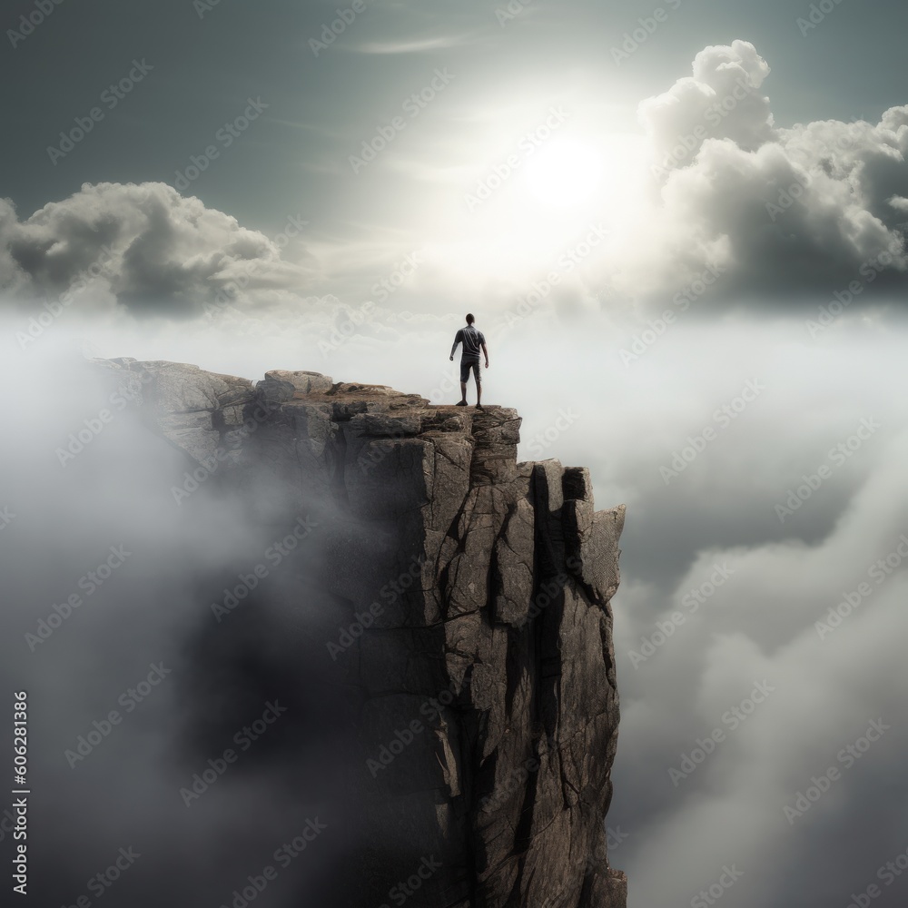 Compose an image that encapsulates the sense of triumph and accomplishment experienced by a hiker reaching the summit of a towering mountain peak. Generative AI Compose an image that encapsulates the sense of triumph and accomplishment experienced by a hiker reaching the summit of a towering mountain peak. Generative AI