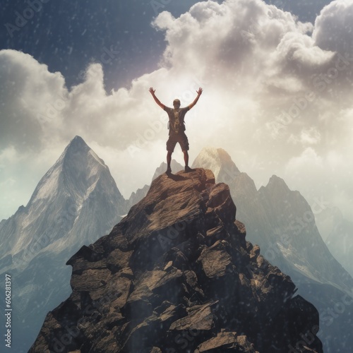 Compose an image that encapsulates the sense of triumph and accomplishment experienced by a hiker reaching the summit of a towering mountain peak. Generative AI