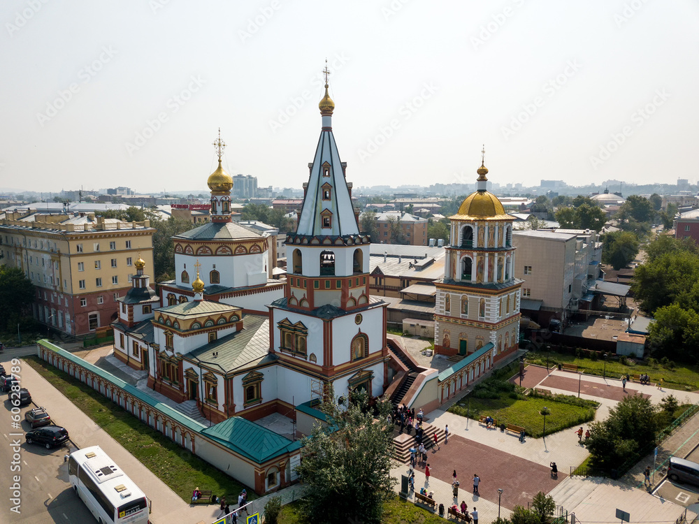 Russia, Irkutsk - July 27, 2018: The Cathedral of the Epiphany of the Lord. Orthodox Church, Catholic Church. Aerial photography