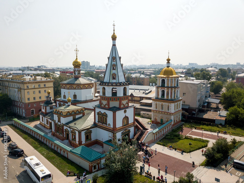 Russia, Irkutsk - July 27, 2018: The Cathedral of the Epiphany of the Lord. Orthodox Church, Catholic Church. Aerial photography